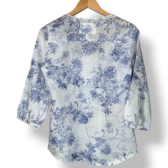 MARKS & SPENCER 100% Linen with Love White Blue 3/4 Roll Tab Sleeve Top Sz S - Picture 3 of 9